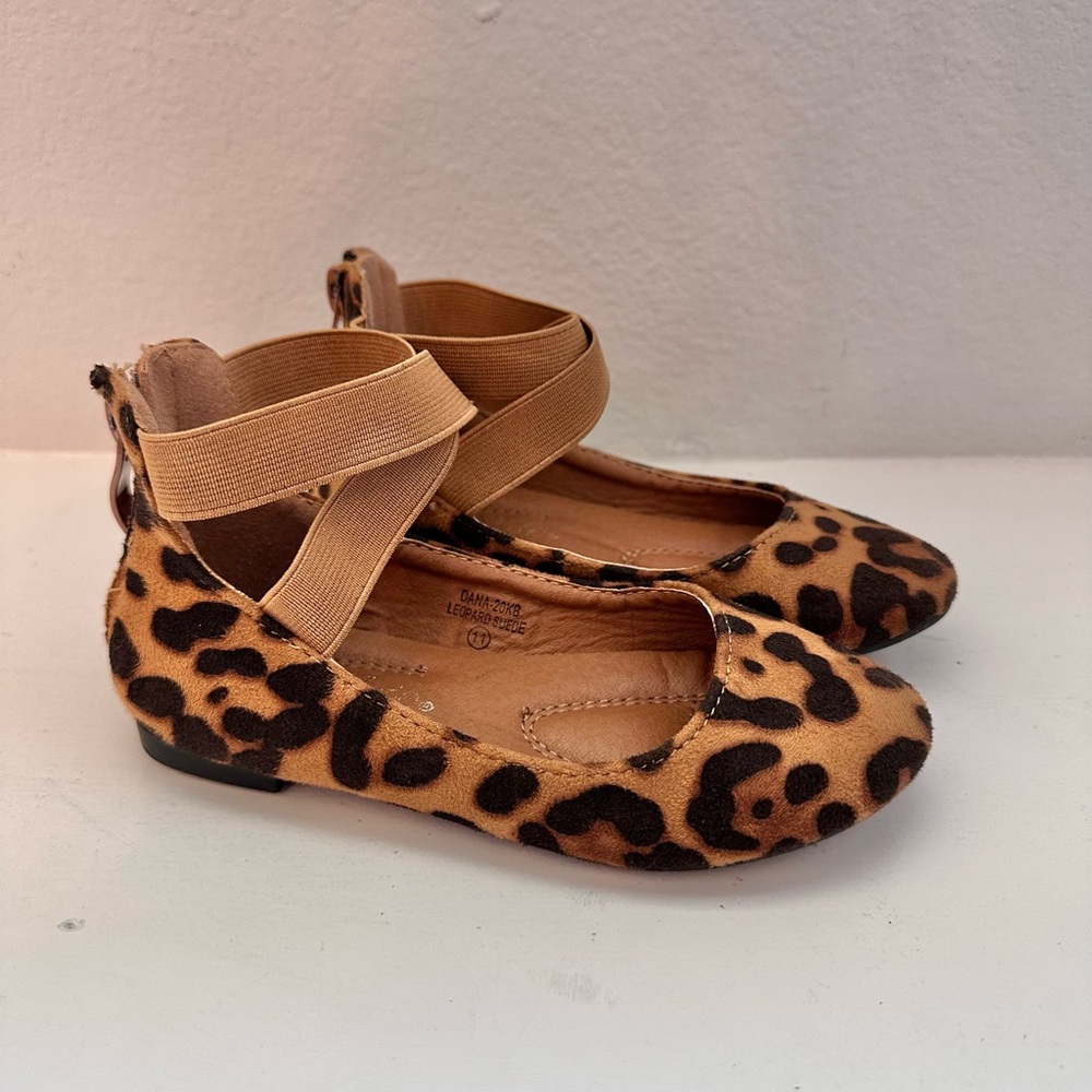Girls Leopard Print Ballet Flats with Tan Ankle Straps